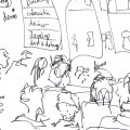 Collage van 3 snelle schetsen van het publiek, spreker en een scrum sprint diagram