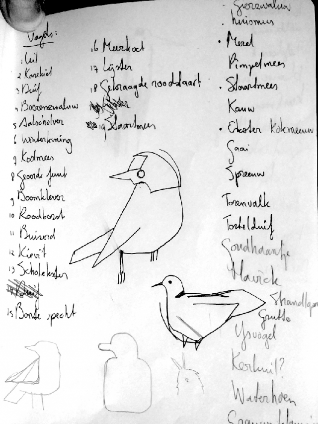 Photo from a sketchbook page, listing names of birds and a few doodles.