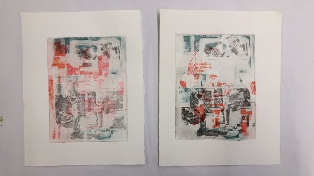 2 prints, each with 3 superimposed layers from 3 different etched plates in red, green and black