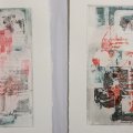 2 prints, each with 3 superimposed layers from 3 different etched plates in red, green and black