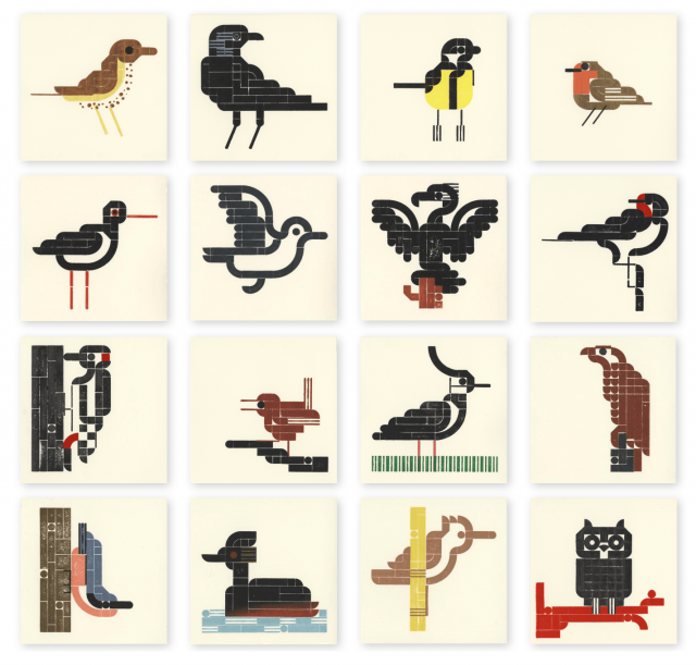 4 x 4 grid van 16 legodruk vogelprenten