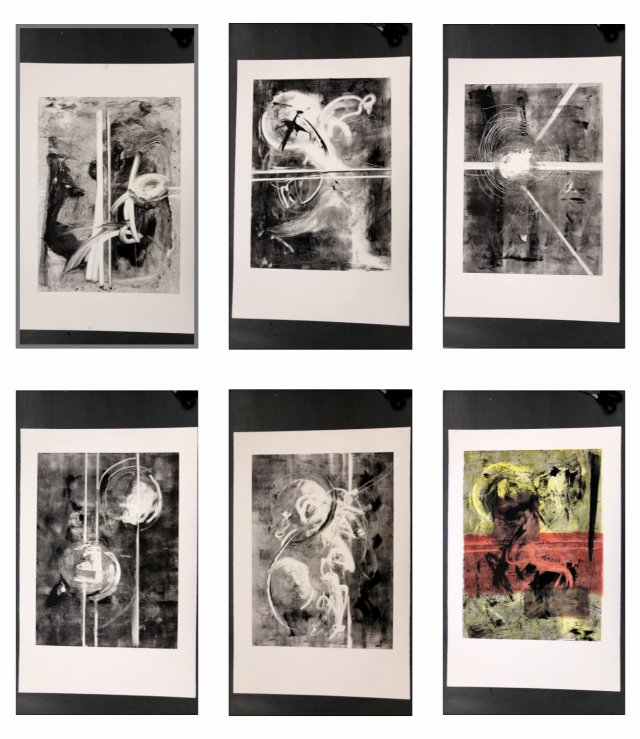 6 abstract monotype prints, in portrait, one with a yellow redish background