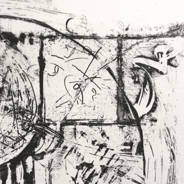 Detail of an abstract etching called Escape Velocity I